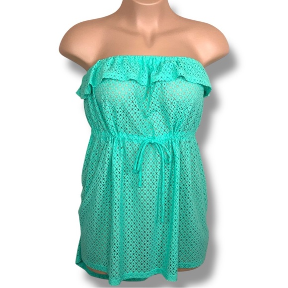 Juniors XL OP Teal Green Lace Strapless Dress  Ruffle Swim Cover Vacation Beach - Picture 1 of 15